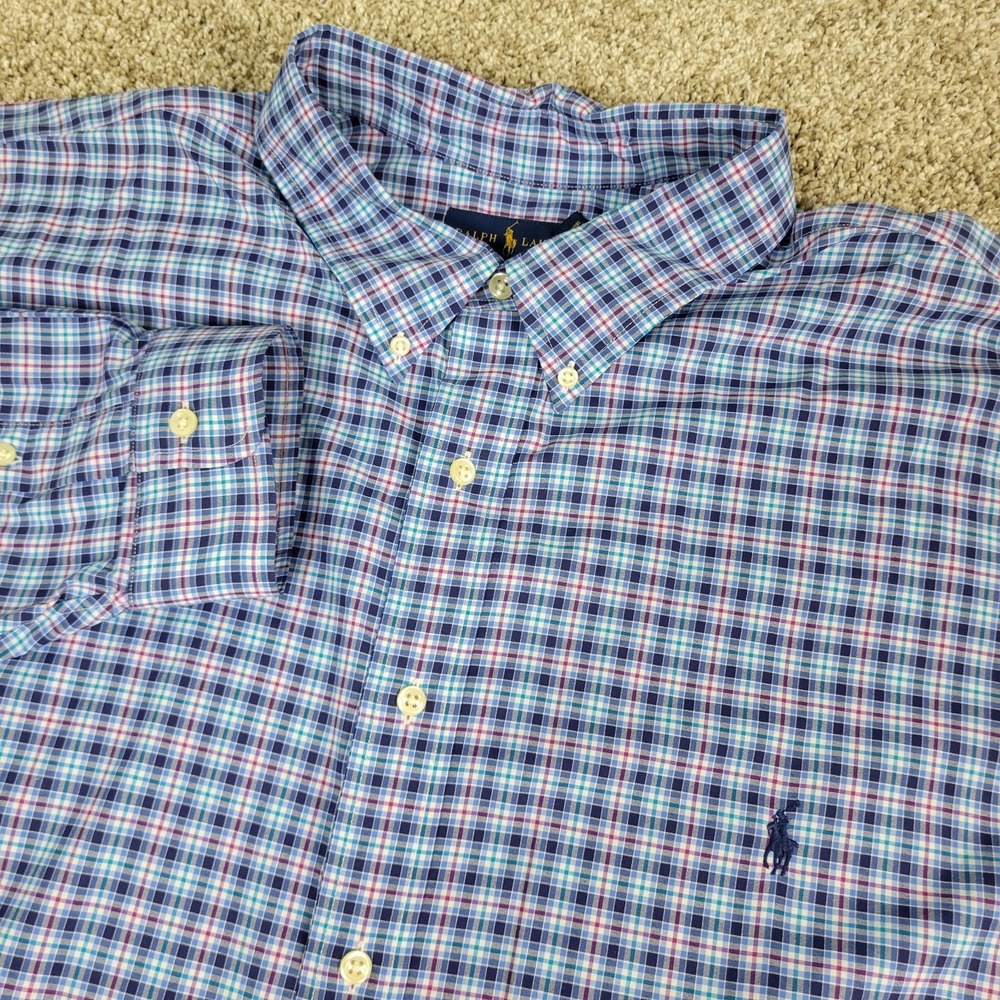 Ralph Lauren‎ Performance Mens 3XB Blue Red Plaid Pony Stretch Button Down LS